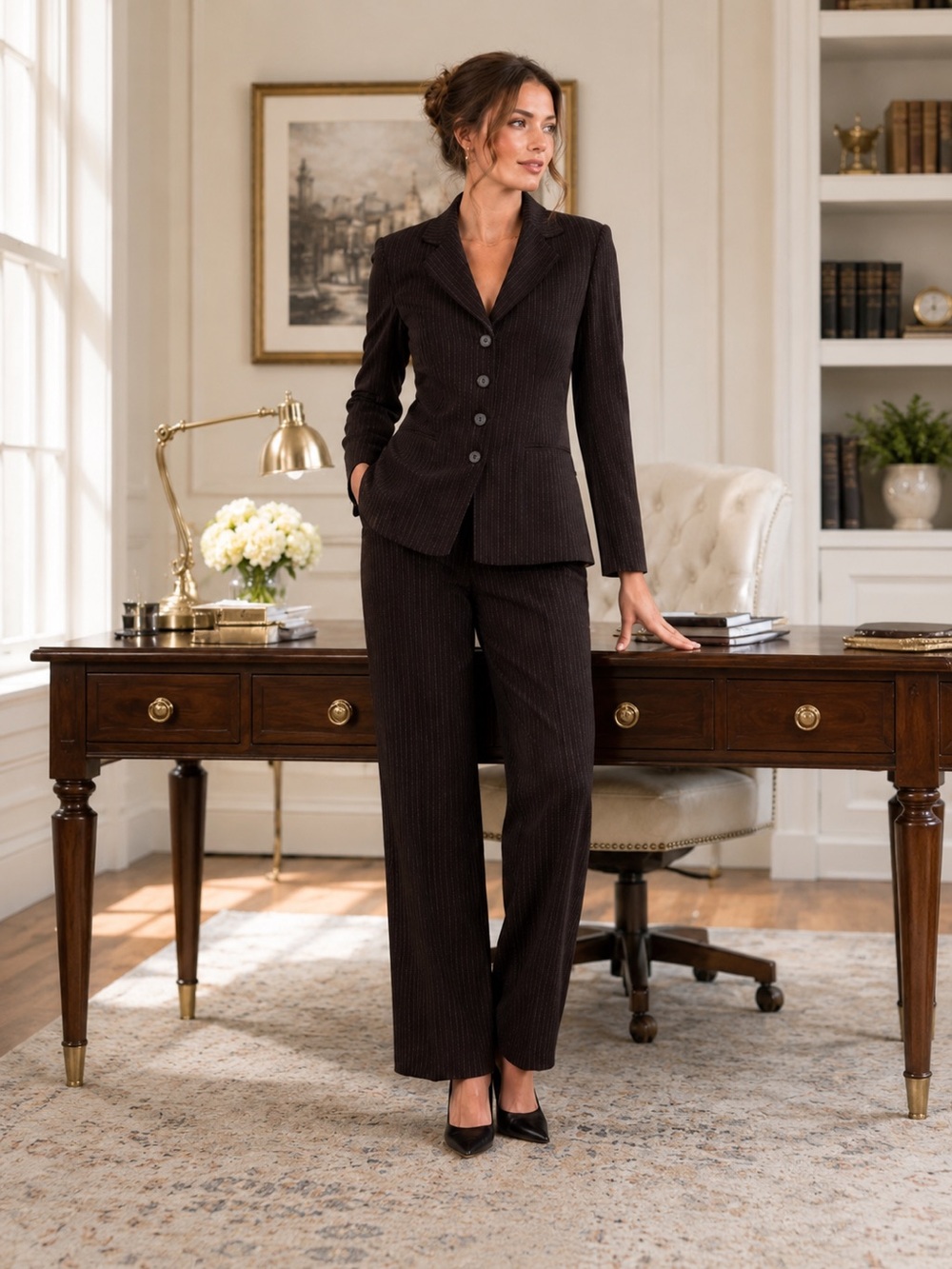Wool Tailored Women’s Pinstripe Suit Pants & Blazer Set - Dark Brown